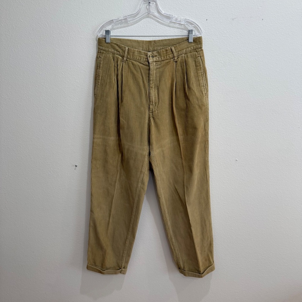 IZOD Mens Tan Corduroy Pleated Cuffed Trousers Pants 34x32 Khaki Cotton Vintage